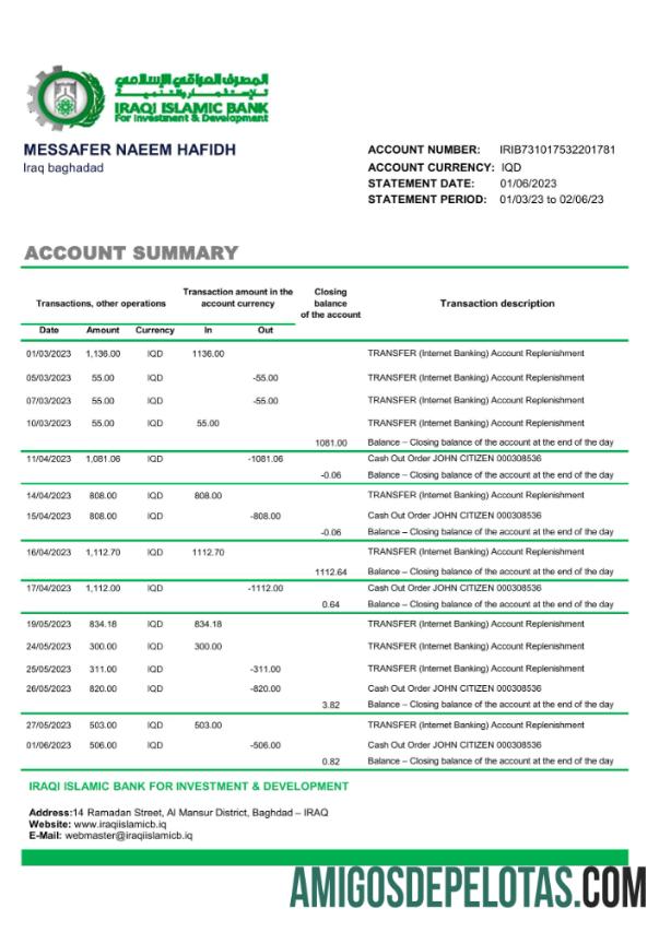 Imprimível Banco Islâmico do Iraque para Investimento e Desenvolvimento Extrato do Banco Modelo Excel e PDF